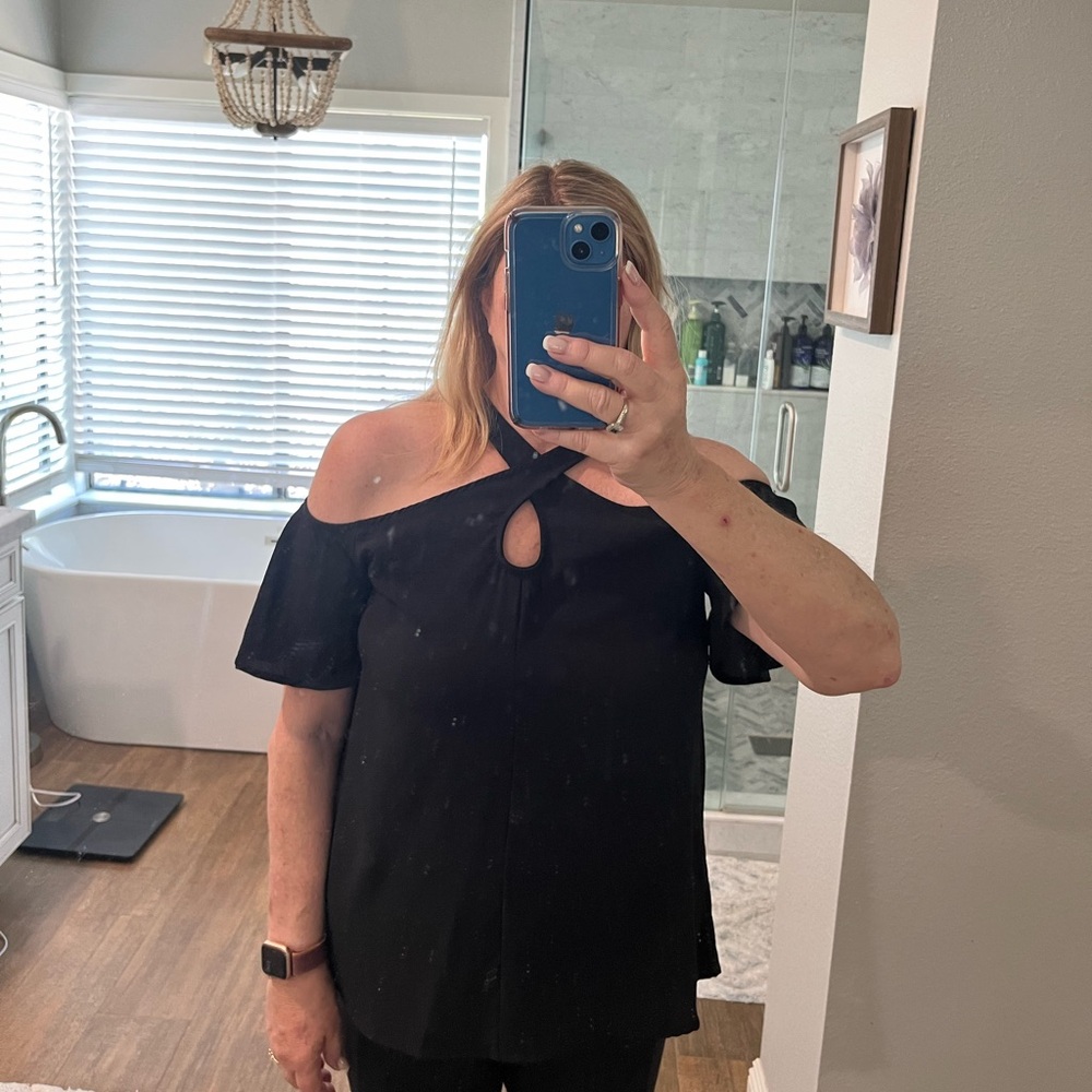 Black Cross Neck Front Cut Out Blouse | 143 Story | Size Large.